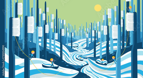 Abstract River Scene with Toothbrush Trees and Boat People.