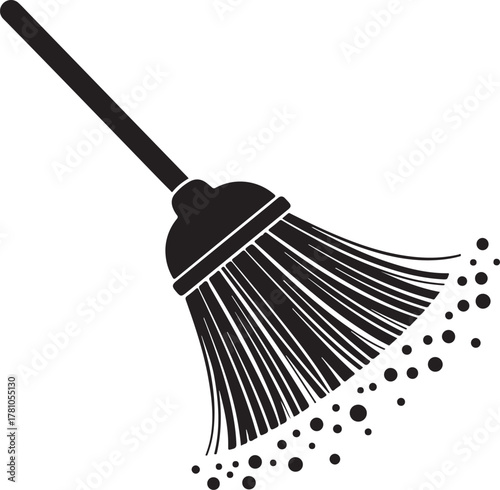 Black broom sweeping scattered dots cleaning dust