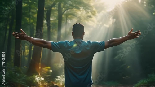 A man finds hope and inspiration with his arms open wide, basking in the divine sunlight streaming through the forest trees