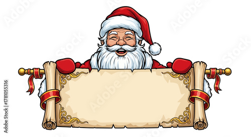 Jolly Santa Claus holding a blank festive scroll for your holiday greetings and announcements this Christmas season create a magical Christmas message