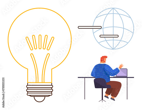 Person seated at a desk, engaging with a laptop. Large glowing bulb represents creativity and innovation. Globe lines hint at connectivity. Ideal for business, innovation, ideas, technology