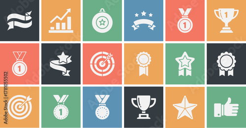 Solid filled icon set representing team success featuring a trophy medal target ribbon star and thumbs up in vibrant cmyk colors for diverse design applications