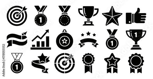 A comprehensive collection of solid filled icons representing team success featuring elements like a trophy medal target ribbon star thumbs up and a growth chart for business and achievement themes