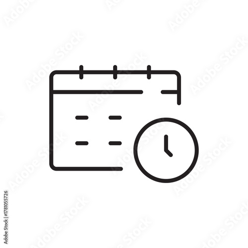 Lineart icon of a calendar with horizontal dashes and a clock positioned beside it