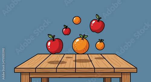 Apples and Oranges on a Wooden Table Illustration.