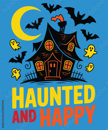 Haunted and happy halloween illustration with ghosts and bats