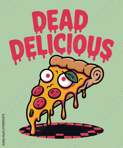 Dead delicious pizza slice with spooky eyes and dripping cheese