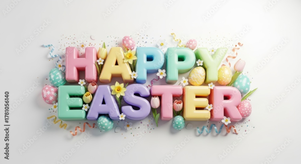 Obraz premium Happy Easter Colorful Pastel 3D Text Celebration with Decorative Elements