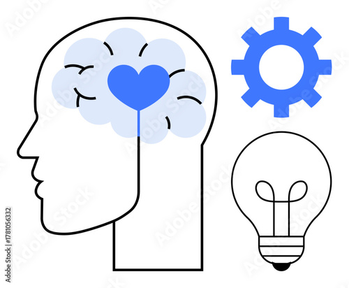Head outline with brain and heart, gear, light bulb visualizing creativity, emotional intelligence, mental health, problem-solving, productivity, self-awareness. Ideal for innovation education