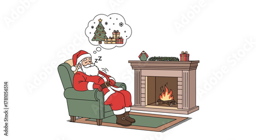 Santa Claus dreaming of Christmas presents and tree near cozy fireplace, resting after delivering gifts to children around the world on Christmas Eve