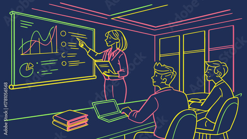 Neon Outline of Coworkers Presenting Project in Office Vector Illustration