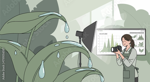 Botanical Photographer Capturing Plant Moisture Data For Scientific Study