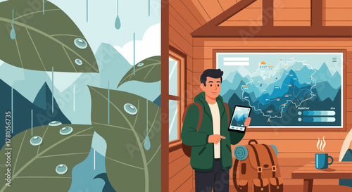 Cozy Cabin Getaway Hiker Planning Adventure Using Tablet in Rustic Setting