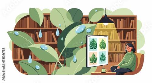 Cozy Woman Relaxing at Home Browsing Plants on Tablet