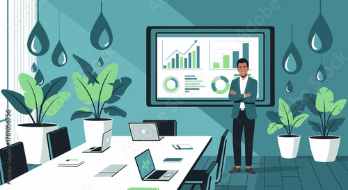 Confident Businessman Stands Proudly Before Growth Charts In The Office