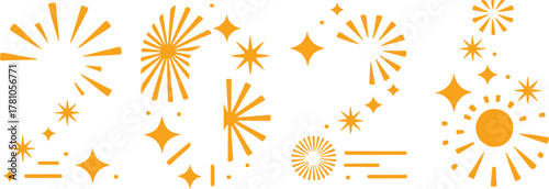 2026 fireworks number icons vector,Abstract orange graphic elements,starbursts, sunbursts, sparkles, and light rays design. Vector