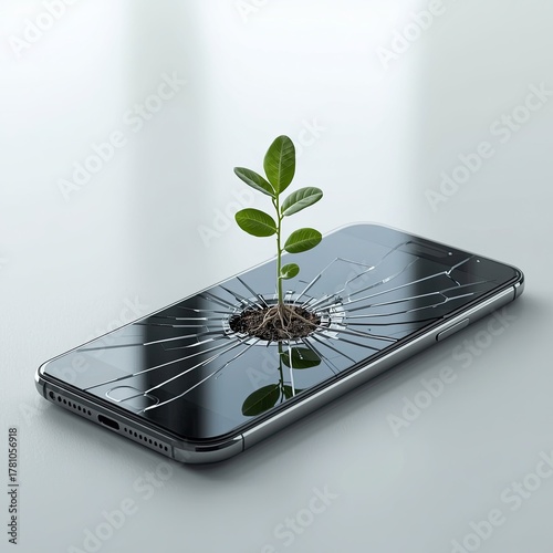 A green sprout grows from a cracked smartphone on a white surface