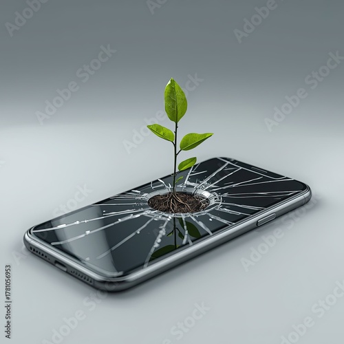 Green sprout grows from a broken smartphone screen on a gray background