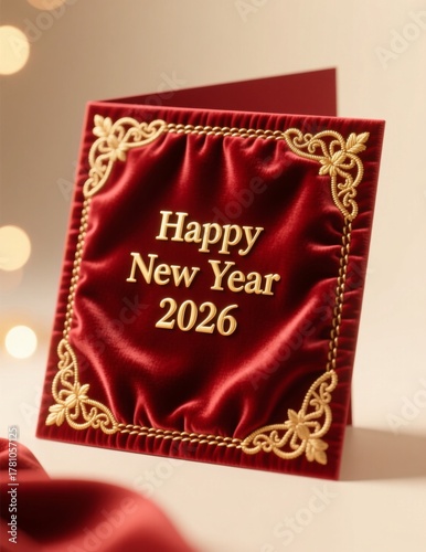 Elegant red velvet new year 2026 greeting card with ornate gold frame and festive bokeh lights
