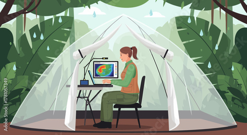 Female Researcher Studying Climate Data Under Tent In Tropical Rainforest
