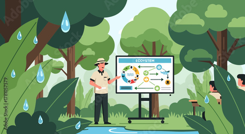 Instructor Explaining Ecosystem Diagram To Students In Nature Setting