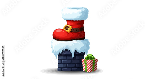Santa's boot sticking out of the chimney brings holiday cheer and a festive gift, perfect for Christmas cards and holiday promotions!