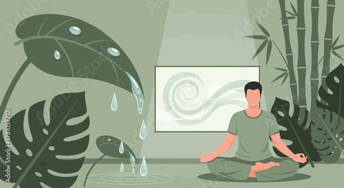 Meditative Morning Serenity Man Immersed in Tranquil Greenery