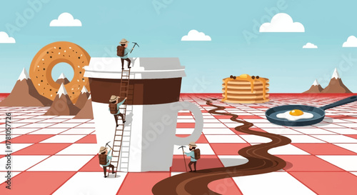 Breakfast Adventure - Miniature Workers and Giant Food Delights.