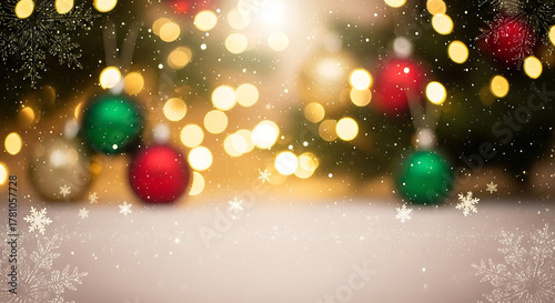 Festive Christmas Background with Bokeh Lights and Ornaments