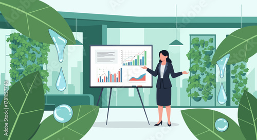 Modern Business Presentation With Greenery And Water Droplets Setting