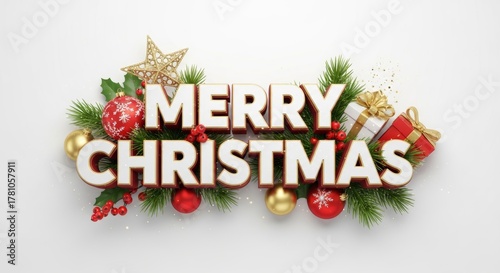 Merry Christmas text with festive ornaments and fir branches on white background.