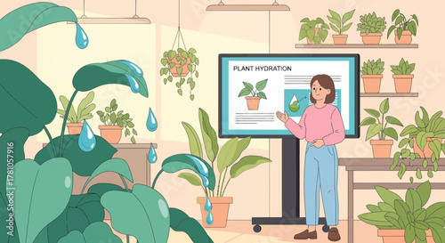 Plant Hydration Presentation With Instructor And Green Interior Space