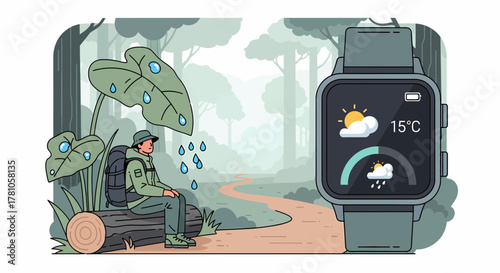 Resting Hiker Forest Smartwatch Displaying Weather Condition Graphic Design