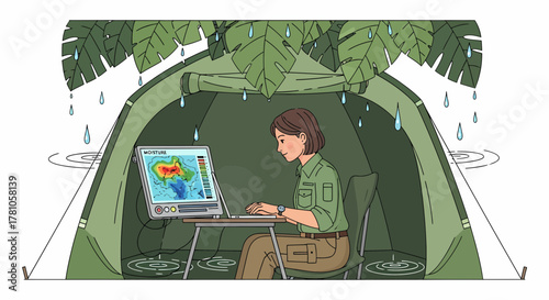 Researcher Working With Computer In Tent During Heavy Rain