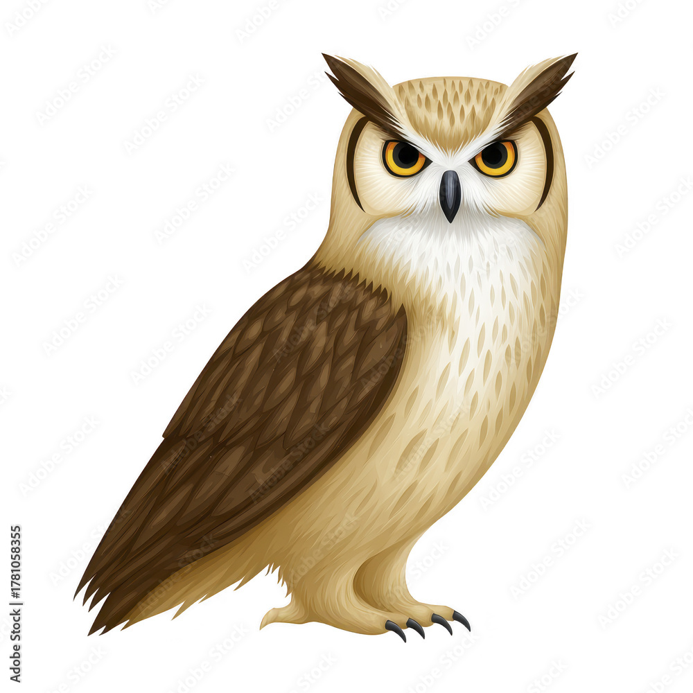 Fototapeta premium Brown owl bird wildlife nocturnal feather animal forest predator raptor illustration Brown owl with intense gaze detailed feather texture standing upright nocturnal wildlife animal digital