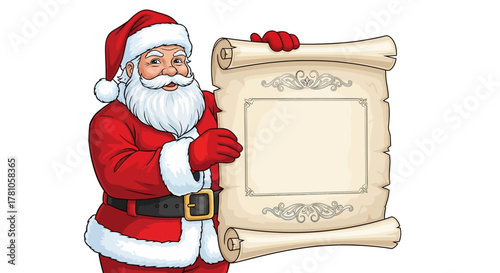 Cheerful Santa Claus Holding a Blank Parchment Scroll for Your Christmas Greetings, Festive Holiday Wishes, or Special Event Invitations with Copy Space