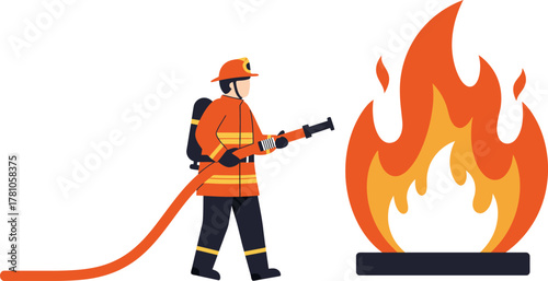 A firefighter in orange uniform and helmet, holding a hose and extinguishing a large fire with flames, on a white background.