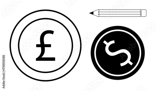 British pound and US dollar coin designs alongside a pencil symbolizing finance, currency exchange, creativity, budgeting, accounting, investment, and planning. Ideal for business topics and simple