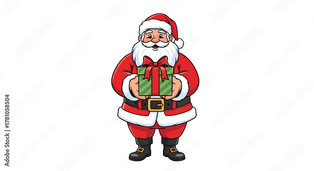 Obraz premium Cheerful Santa Claus Holding a Green Christmas Gift Box with Red Ribbon Bow, Perfect for Holiday Greetings and Festive Designs, Holiday Season