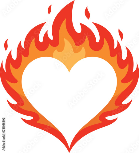 A white heart shape engulfed in vibrant red and orange flames, symbolizing passion or intense love.