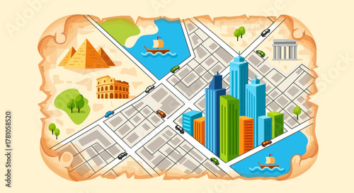 Cartoon Map of Landmarks and Cityscape with Ancient Wonders and Modern Buildings.