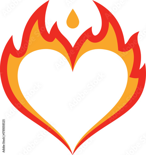 A heart shape outlined with vibrant red and orange flames, featuring a small teardrop element at the top.