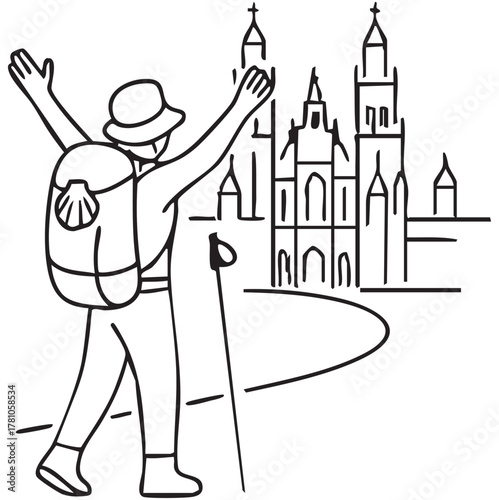 Pilgrim reaching santiago de compostela cathedral completing pilgrimage journey