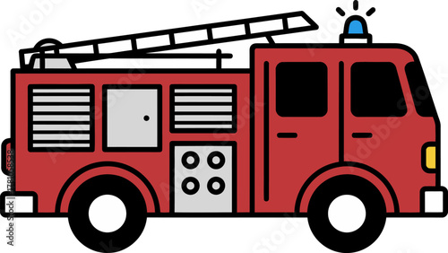 A simple red fire truck illustration with a ladder and a blue siren light on top.
