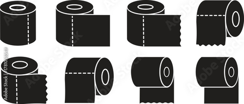 Roll tissue paper silhouette icon set. Toilet paper roll icons with different tear styles isolated on transparent background. Vector illustration design.