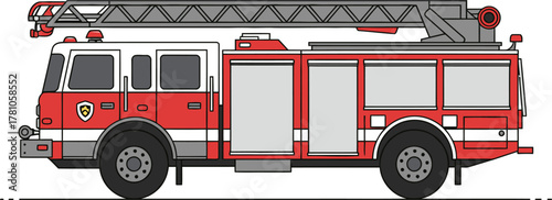 Side view illustration of a classic red and white fire truck with an extended ladder on top, ready for emergency services.