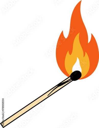 A single wooden matchstick with a bright orange and yellow flame burning at its tip, set against a plain white background.