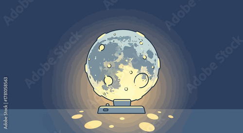 Cartoon Moon Lamp with Glowing Base and Detailed Craters.