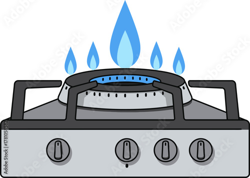 Vector illustration of a modern kitchen gas stove burner with burning blue flames, symbolizing culinary energy and domestic power consumption