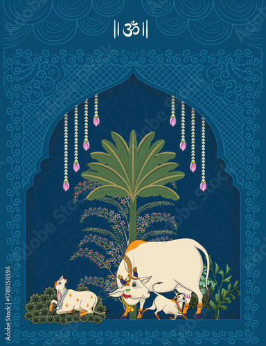 vector illustration of pichwai design with vibrant blue color background